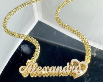 18K Gold Plated Bling Name Necklace: Personalized Jewelry, Dainty Minimalist Double Nameplate Gifts