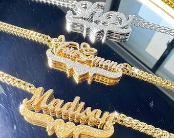 Custom Double Name Necklace,Bling Name Necklace,Gold Name Jewelry,Women Name Necklace,Mothers Necklace,Personalized Gifts For Her For Mom