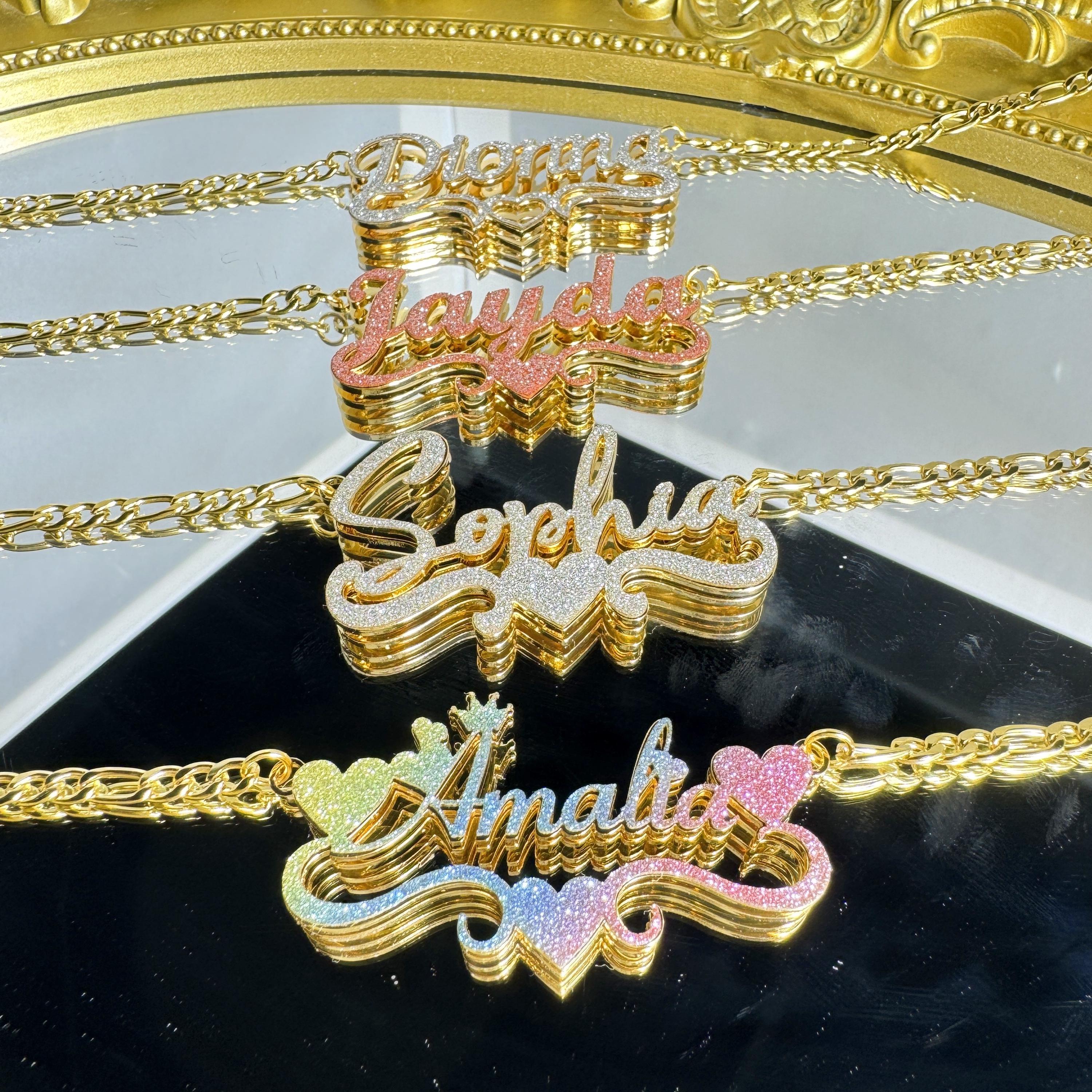 18K Gold Plated Double Name Necklace,Bling Name Necklace,Women Name Necklace,Mothers Necklace,Minimalist Necklace,Personalized Gifts For Her