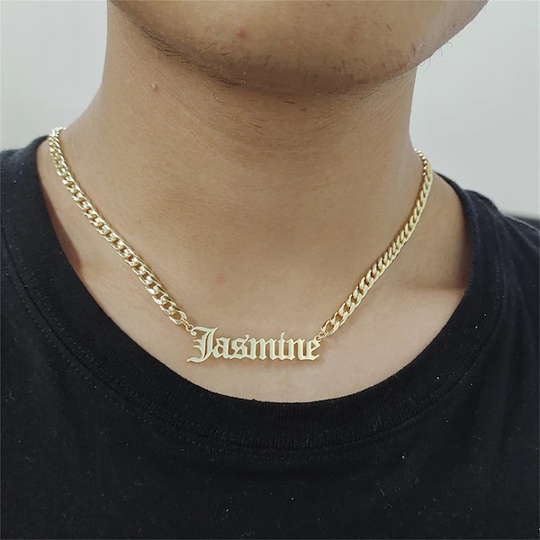 Custom Name Necklace,Men Name Necklace,Name Plate Necklace,Gold Name Necklace,Personalized Necklace,Cuban Chain Necklace,Gift for Her/Him