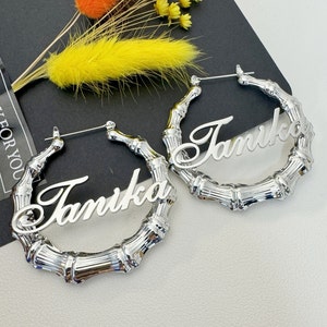 Custom Silver Name Earrings,Personalized Earrings,Gold Name Earrings,Large Hoop Earrings,Name Bamboo Earrings,Custom Gift,Christmas Gifts