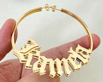 Personalized Old English Name Hoop Earrings: Gothic Jewelry Gift