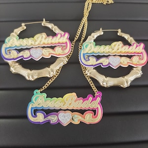 Personalisierte Acryl Namenskette: Individuelles Schmuckset, Gold Banboo Creolen, Kinder Baby Halskette