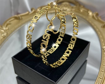 Custom Name Hoop Earrings: Personalized Nameplate Earrings, Gold Initial Letter Jewelry, Mom Gifts