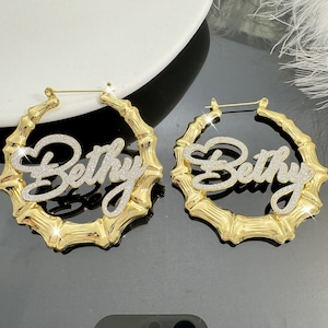 Custom Name Earrings,Large Bamboo Earrings,Bling Hoop Earrings,Gold Hoop Earrings,Personalized Earring,Custom Bamboo Hoops,Name Jewelry Gift
