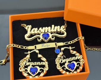 Dainty Birthstone Name Jewelry Set: Personalized Nameplate Necklace & Gold Twsit Earrings, Engraved Bracelet, Birthday Jewelry Gifts