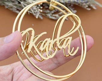 Custom Name Hoop Earrings, Gold Nameplate Jewelry, Big Hoops, Personalized Mom Women Handmade Gifts