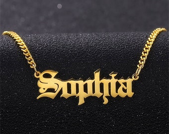 Old English Name Necklace: Personalized Cuban Chain Jewelry, Gold Gothic Necklace