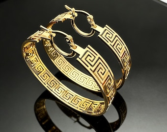 Custom Greek Hoop Earrings, 18k Gold Chunky Hoops, Personalized Jewelry, Women Minimalist Nameplate Gifts