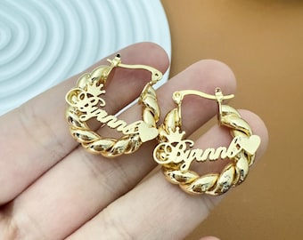 18K Gold Plated Personalized Name Hoop Earrings: Custom Twist Jewelry,Mini Nameplate, Small Hoops