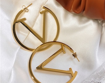 Initial Letter Hoop Earrings: Custom Nameplate, Non-Tarnish, Personalized Jewelry, Gold Big Hoops