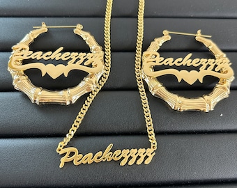 Custom Name Bamboo Hoop Earrings and Necklace Set
