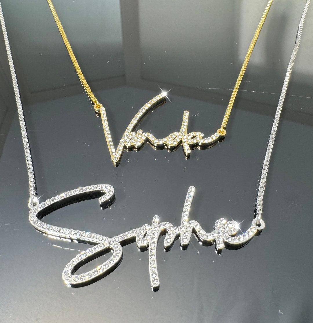Pave Crystal Script Name Necklace: Custom Bling Jewelry, Gold Name ...