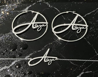 Personalized Diamond Name Jewelry Set, 18K Gold Minimalist Necklace Earrings