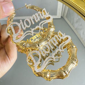 Custom Bamboo Hoop Earrings,Bling Name Earrings,Name Earrings Gold,Big Name Earrings,Bamboo Hoop Earrings,Name Jewelry,Personalized Gift,Mom