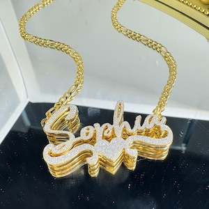 Custom Double Name Necklace: Bling Gold Nameplate, Personalized Jewelry