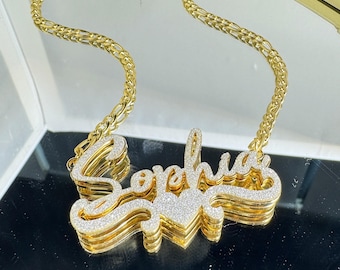Custom Double Name Necklace: Bling Gold Nameplate, Personalized Jewelry