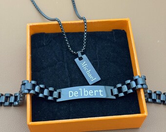 Custom Engraved Name Jewelry Set, Men Nameplate Necklace And Bracelet, Personalized Gift for Him