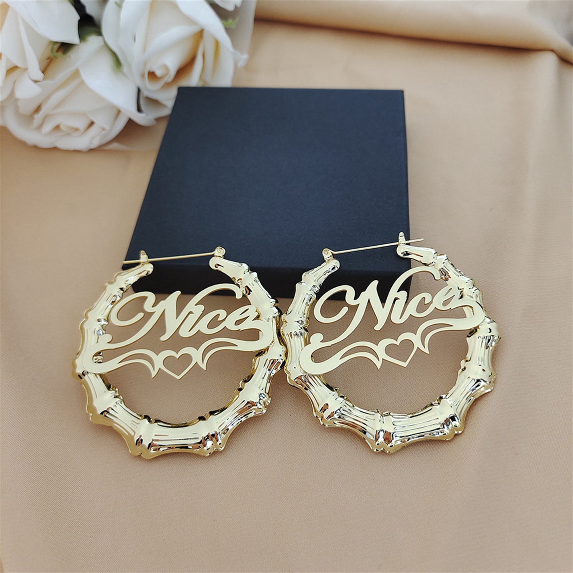 18k Gold Bamboo Custom Name Hoop Earrings,big Statement