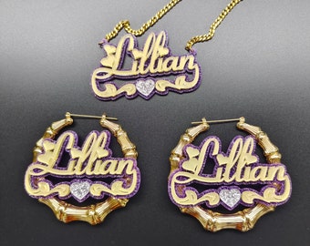 Custom Name Bamboo Hoop Earrings: Personalized Acrylic Nameplate, Name Jewelry Set, Gold Hoops, Handmade