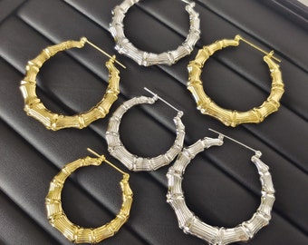 18K Gold Bambus Hoop Ohrringe, große Bambus Ohrringe, Chunky Gold Hoop, Gold Creolen Ohrringe, Frauen Ohrringe, große Hoop Ohrringe, Geschenke für Frauen / Mama