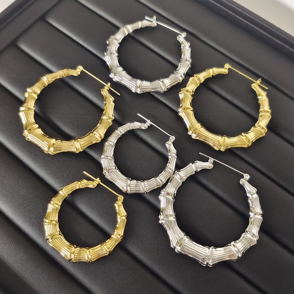 18K Gold Bamboo Hoop Earrings: Chunky Women's Hoops