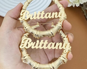 18K Gold Personalized Bamboo Hoop Earrings, Custom Nameplate
