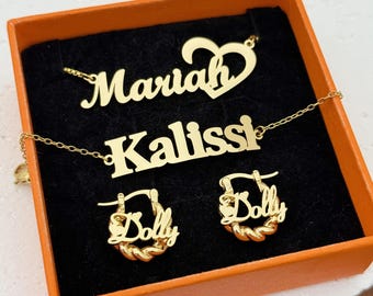 Custom Baby Name Jewelry Set, Personalized Twist Hoop Earrings & Gold Bracelet, Dainty Name Necklace