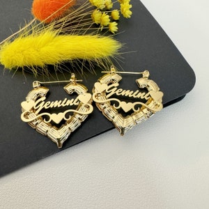 Heart Bamboo Name Earrings,Custom Name Earrings,Kids Name Earrings,Personalized Name Earrings,Gold Nameplate Jewelry,Custom Gift for Her
