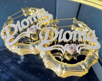 Custom Bamboo Hoop Earrings: Personalized Name & Birthstone