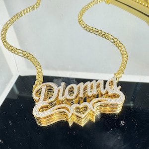 Personalized Bling Name Necklace: Gold Plated Custom Jewelry, Double Nameplate Gifts
