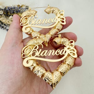 Custom Heart Hoop Earrings,Name Bamboo Earrings,Gold Name Hoops,Name Jewelry,Personalized Earrings,Nameplate Hoop Earrings,Birthday Gifts