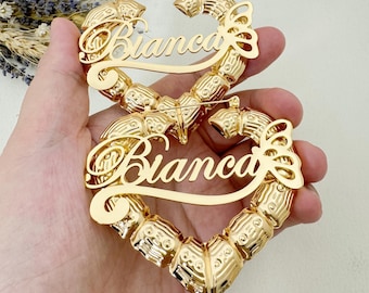 Custom Name Heart Hoop Earrings: Personalized Bamboo Style Jewelry