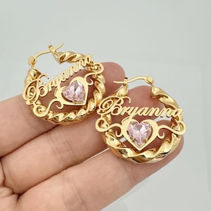 Custom Kids Birthstone Name Earrings,Twist Hoop Earrings,Custom Gold Name Earrings,Personalized Earrings,Nameplate Jewelry,Birthday Gifts