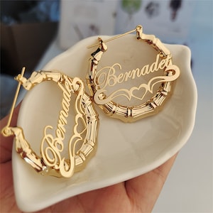 18k Gold Bamboo Custom name hoop earrings,Big Statement Bamboo name earrings,Gold Name Earrings,Large Hoop Earrings,Monogram Jewelry,Gift