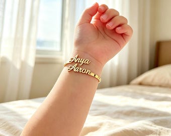Custom Kids Name Bangle, 18K Gold Dainty Double Nameplate Bracelet, Personalized Baby Jewelry, Gifts
