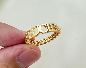 Custom Cuban Chain Name Ring: Personalized Gold Silver Ring, Dainty Minimalist Initial Letter Rings
