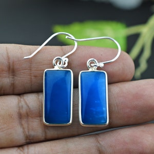 Topkwaliteit blauwe edelsteenoorbellen, 925 sterlingzilveren oorbellen, rechthoekige blauwe edelsteen matched paar edelsteenoorbellen, cadeau voor haar
