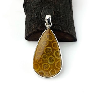 Genuine Fossil Coral Gemstone Pendant Necklace, 925 Sterling Silver Necklace, Handmade Fossil Coral Necklace Silver Jewelry, Gift for her