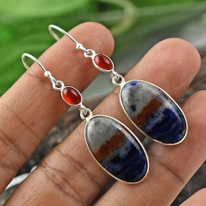 Orecchini pendenti placcati in argento con pietra preziosa naturale di sodalite arancione e corniola, orecchini vintage, orecchini in sodalite, regalo per lei.