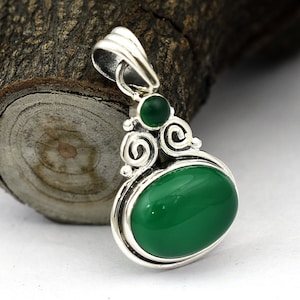 Green Onyx Gemstone Necklace Pendant, 925 Sterling Silver Necklace, Natural Green Onyx Necklace, Handmade Two Stone Necklace, Gift For Her