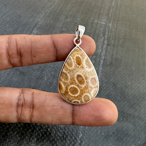 Genuine Fossil Coral Gemstone Pendant Necklace, 925 Sterling Silver Necklace, Handmade Fossil Coral Necklace Silver Jewelry, Gift for her