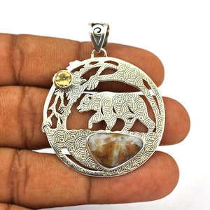 Natural Tube Agate And Citrine Cut 925 Sterling Silver Handmade Bear Pendant, Round Pendant, Faceted Citrine & Tube Agate Designer Necklace,