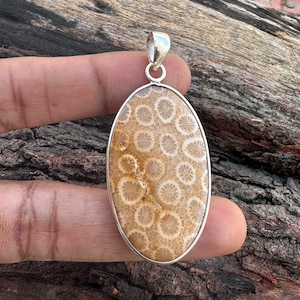 Genuine Fossil Coral Gemstone Pendant Necklace, 925 Sterling Silver Necklace, Handmade Fossil Coral Necklace Silver Jewelry, Gift for her