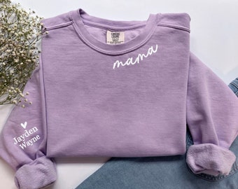 Comfort Colors® Custom Embroidered Mama Sweatshirt with Kid Names on Sleeve, Personalized New Mama Minimalist Momma Sweater for Birthday Mom