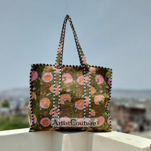 Quilted Tote Bag Floral, Reversible Shopping Bag, Gift For Grandma, Beach Tote Bag, Indian Cotton Shoulder Bag, Handprint Market Bag