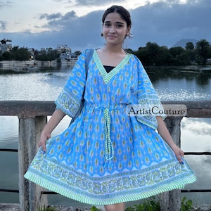 Boho Floral Cotton Kaftan: Hand Block Printed Beach Coverup