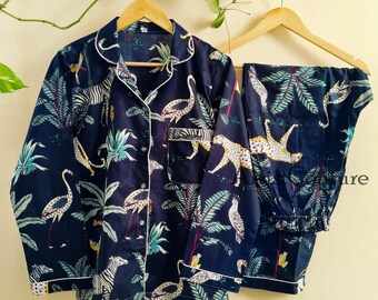 Conjunto de pijama de algodão: pijama feminino com estampa animal, roupa de dormir estilo boho