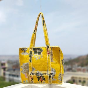 Quilted Cotton Handprinted Reversible Large Soft Yellow Floral Tote Bag Eco friendly Sustainable Sturdy Grocery Shopping Handmade Art Boho