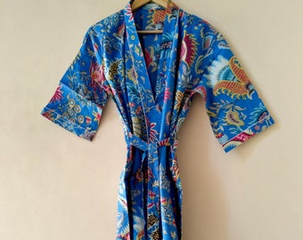Floral Cotton Kimono Robe: Block Print Caftan, Beach Cover Up